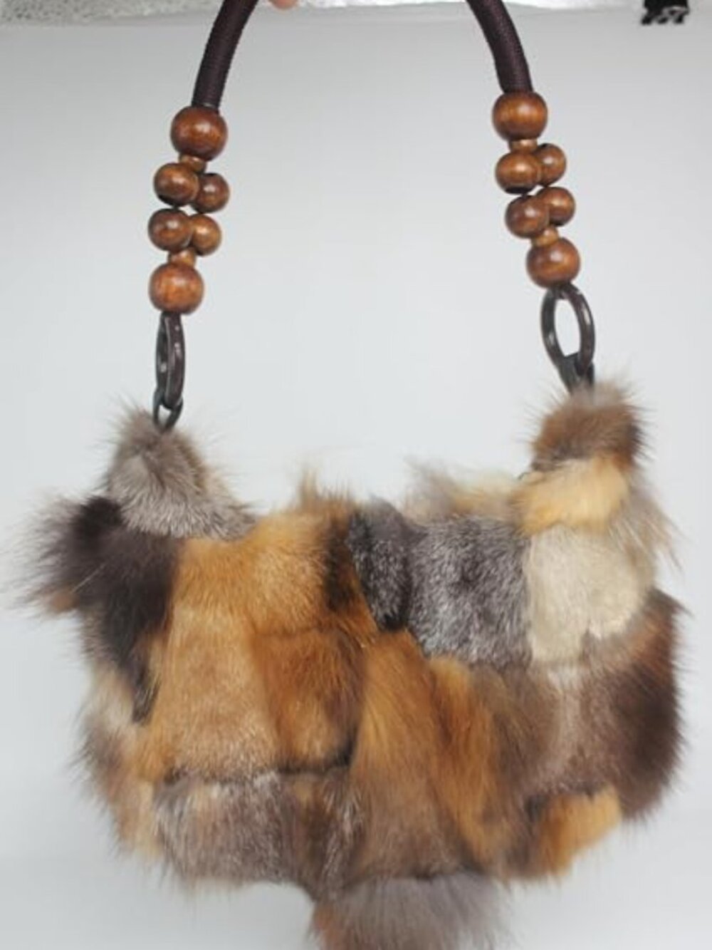 Neiman Marcus Bohemian Fox Fur Clutch with Wooden Bead Chain